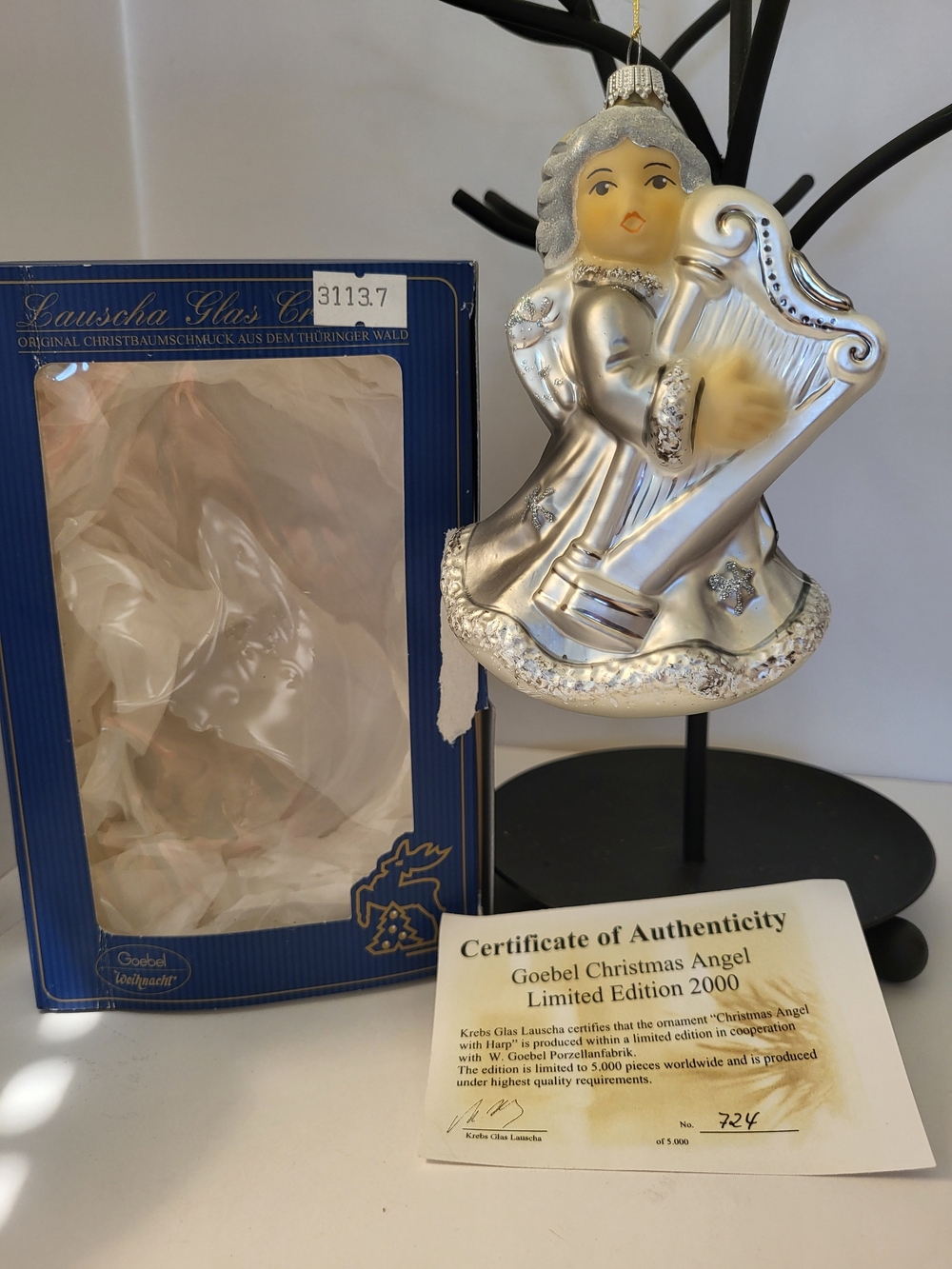 2000 Goebel Silver Angel Ornament with Harp - Limited Edition 724/5000 5"